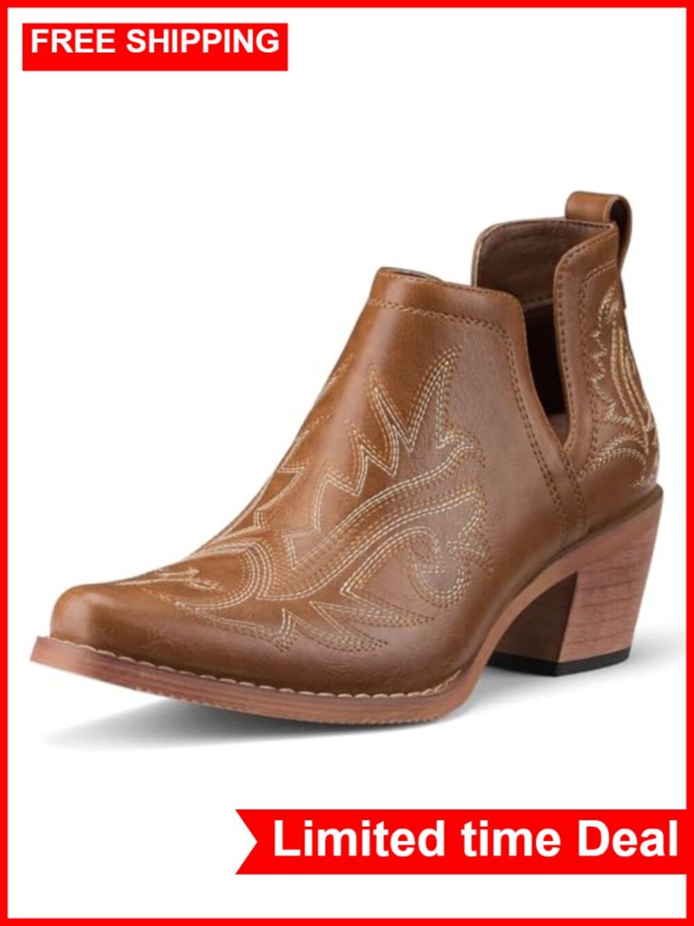 Rollda Cowboy Ankle Booties Women's Vegan Leather Square Toe Western Boots